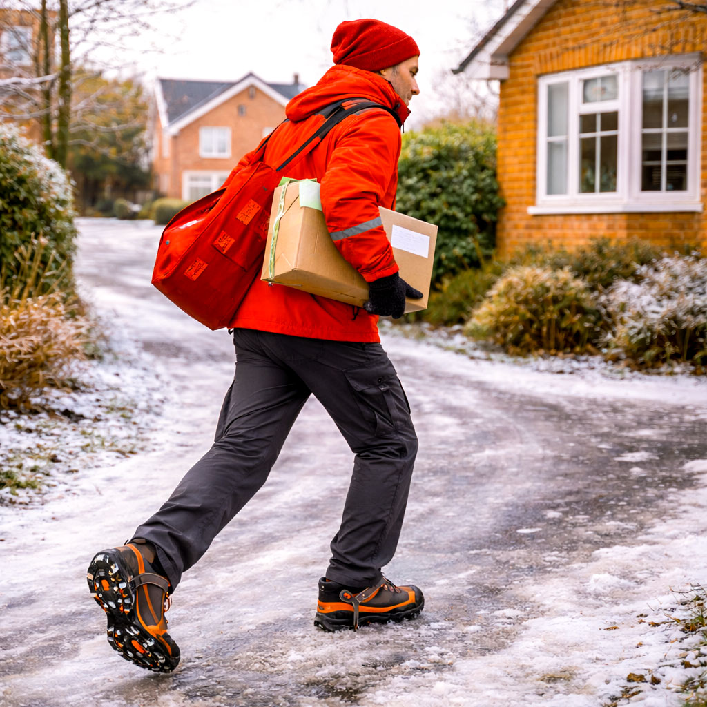 Postman wearing ice cleats on an icy residential driveway in the UK