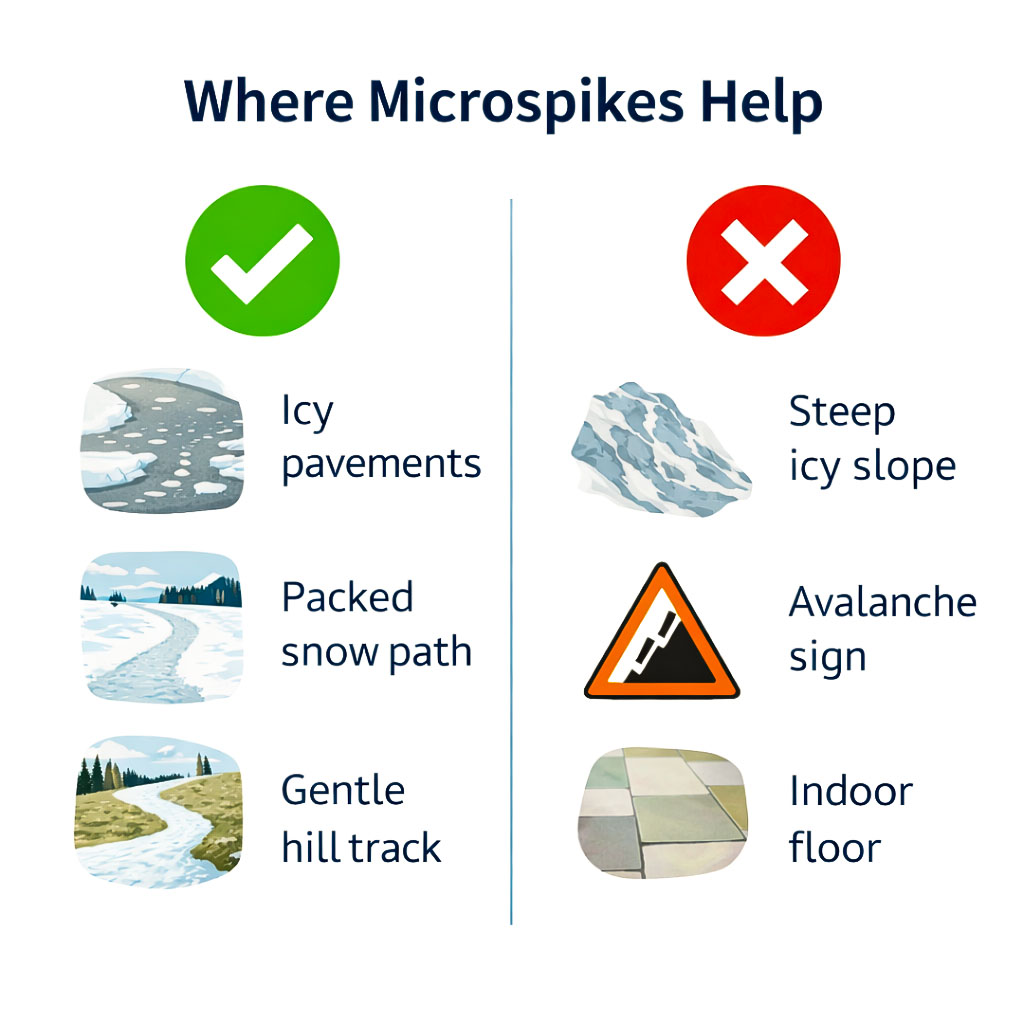 Infographic showing where microspikes are suitable and unsuitable to use
