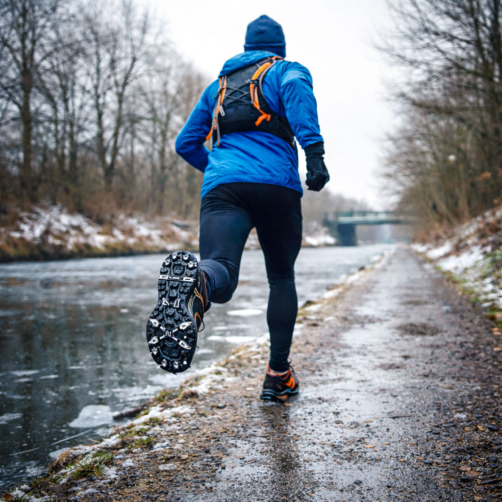 Winter trail runner on a UK canal towpath wearing studded traction on icy ground