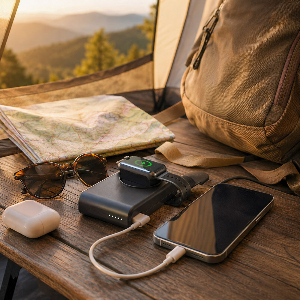 Compact travel power bank charging a smartphone and smartwatch beside walking gear, map and wireless earbuds.