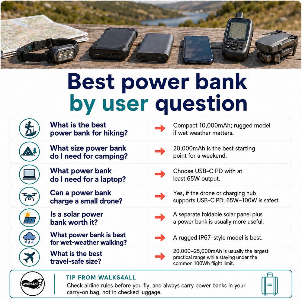 Infographic answering common power bank questions for hiking, camping, laptops, drones, solar charging, wet-weather walking and flight-safe travel.