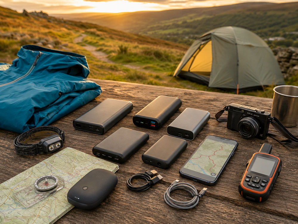 Power banks, GPS device, smartphone, camera, map and walking gear arranged on an outdoor table for a UK hiking and camping power bank guide.