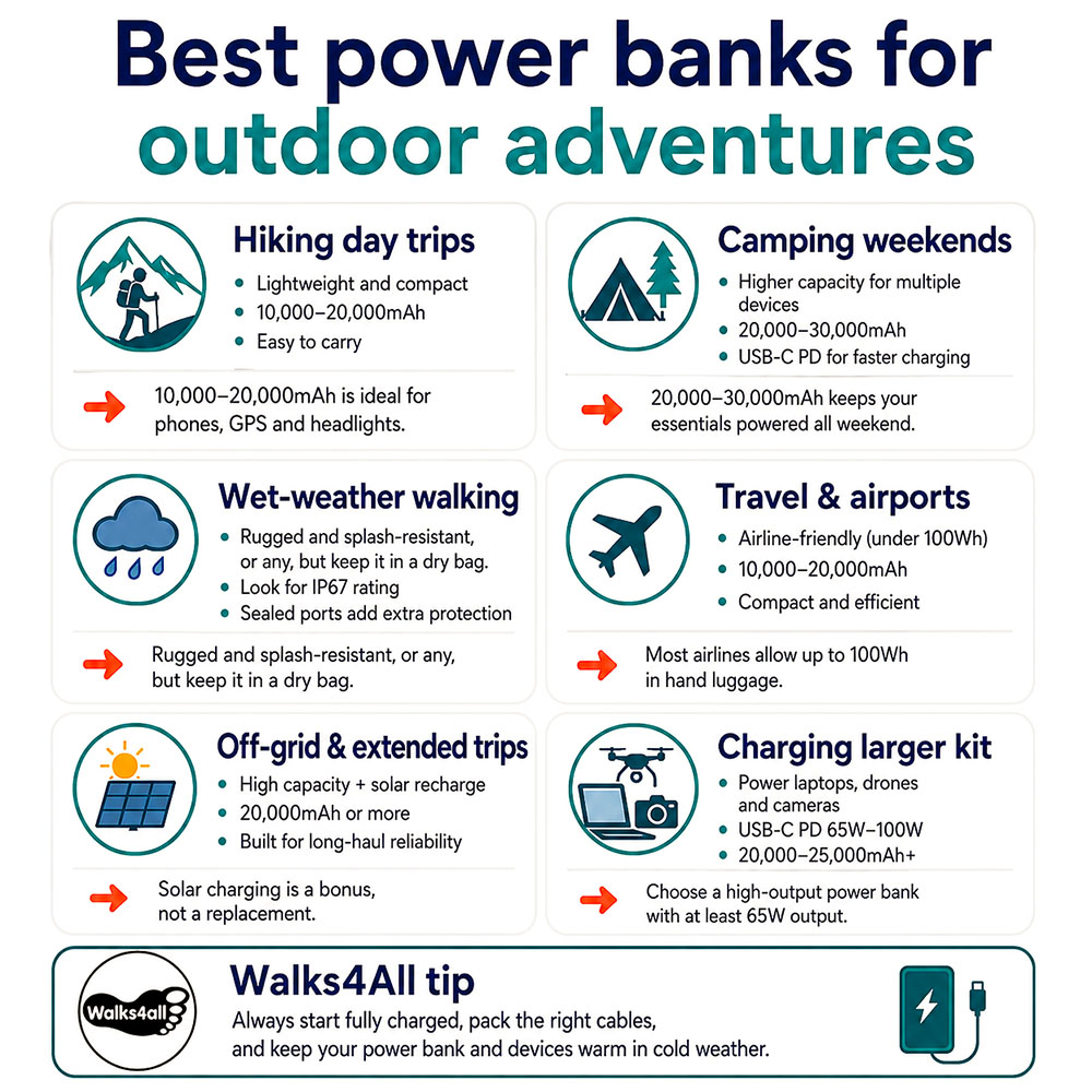 Infographic showing the best power bank types for day walks, camping weekends, travel, wet weather, heavier-duty charging and multi-day outdoor adventures.