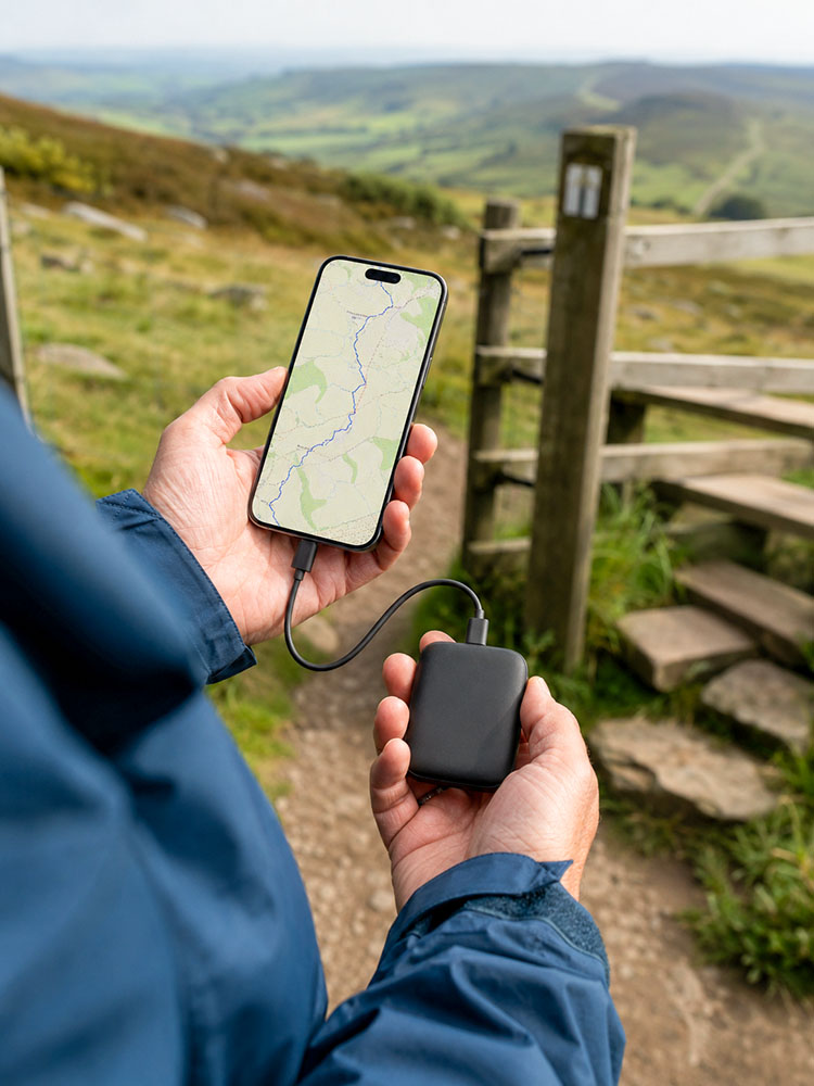 Compact USB-C power bank charging a smartphone with a walking route map on a countryside footpath.