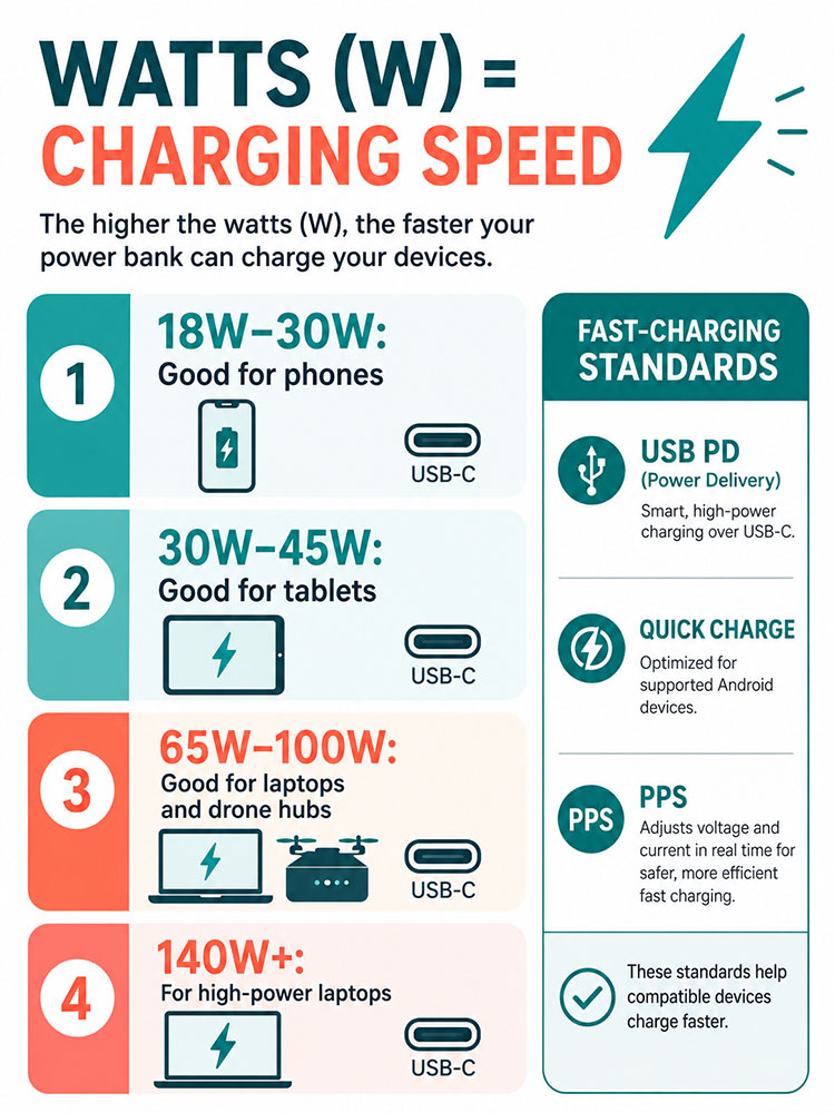 Infographic explaining power bank fast charging, watts, USB Power Delivery, Quick Charge and PPS for phones, tablets and laptops.