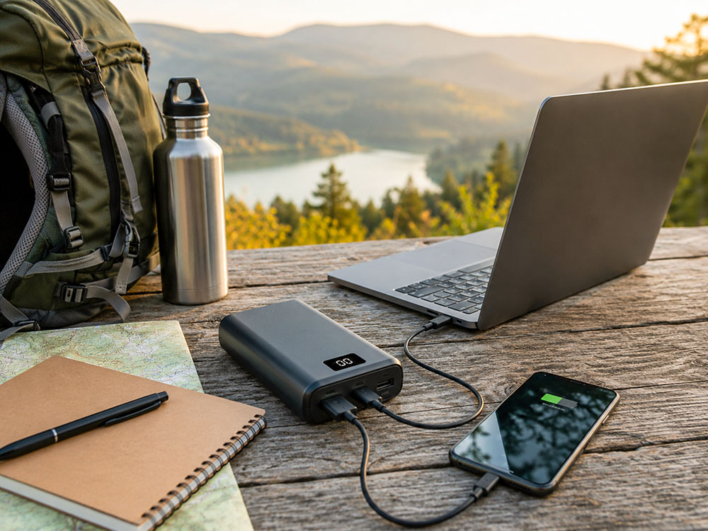 High-capacity USB-C power bank charging a laptop and smartphone on an outdoor picnic table during a walking or camping trip.