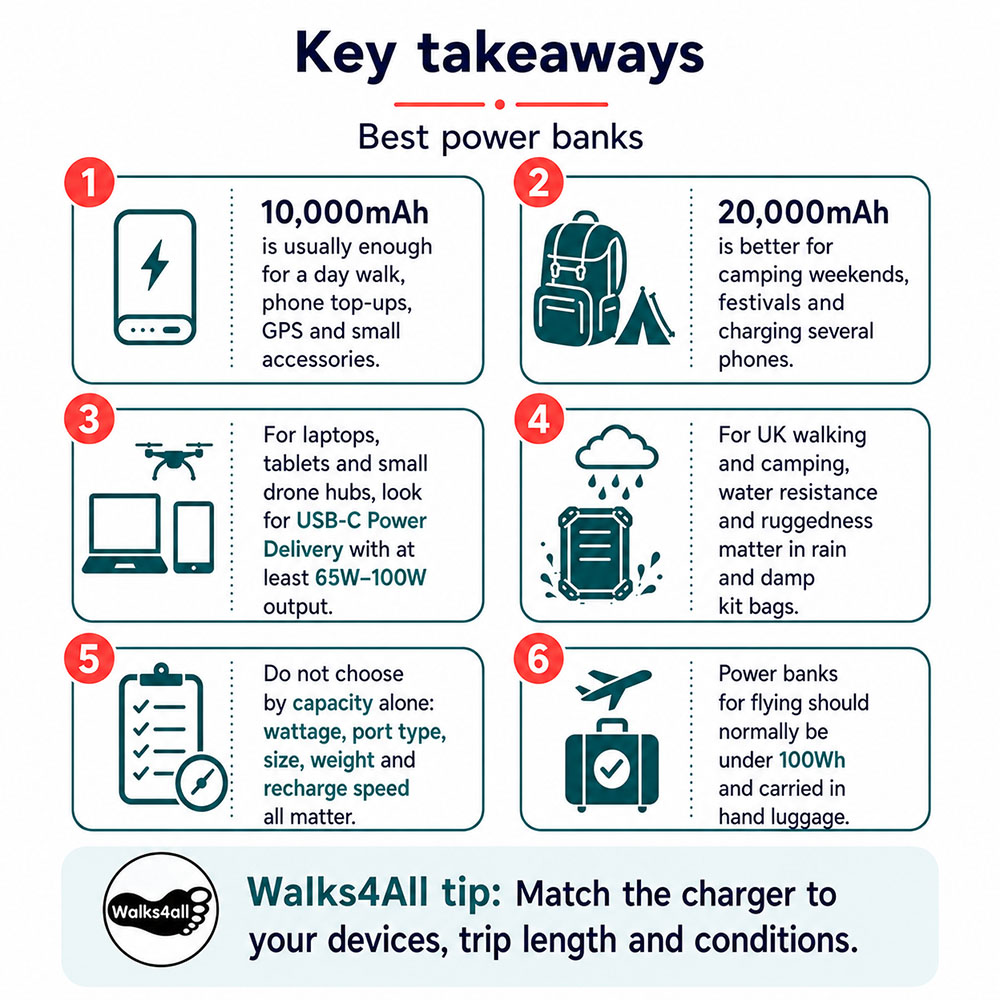 Key takeaways infographic summarising capacity, USB-C power, waterproofing and flight-safe limits for power banks.
