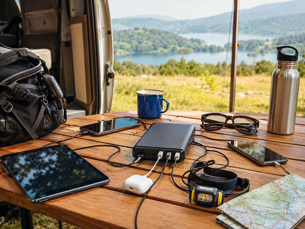 High-capacity power bank charging several travel devices including phones, tablet, earbuds and head torch during a camping or travel setup.
