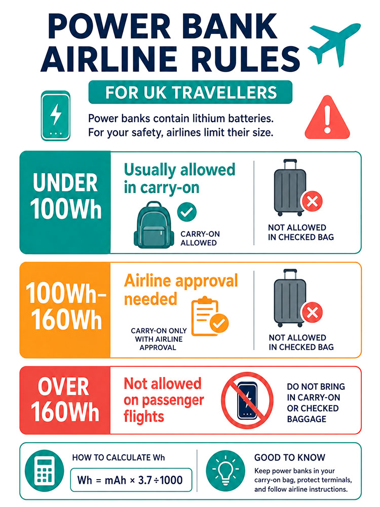 Infographic explaining UK airline power bank rules, watt-hour limits and carry-on guidance for travellers.