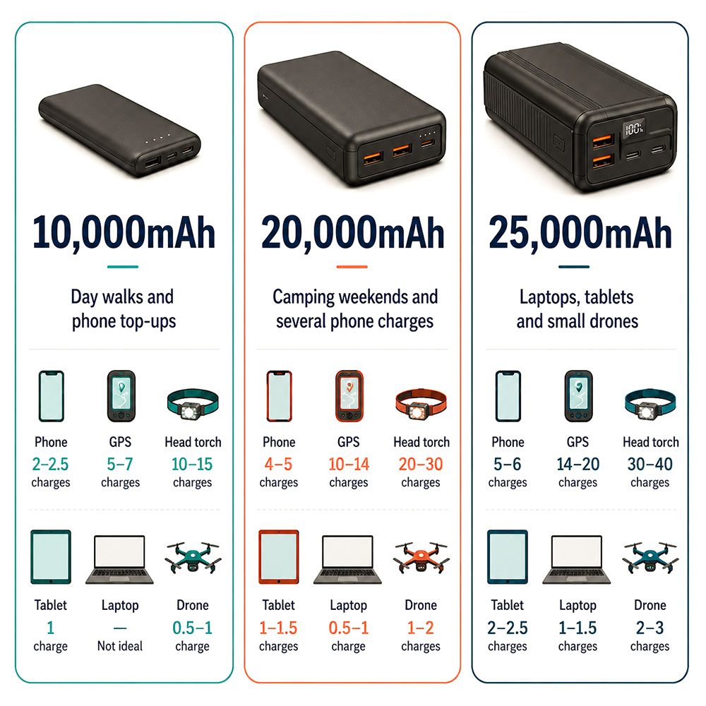 Infographic comparing 10,000mAh, 20,000mAh and 25,000mAh power banks for phones, GPS devices, tablets, laptops and small drones.