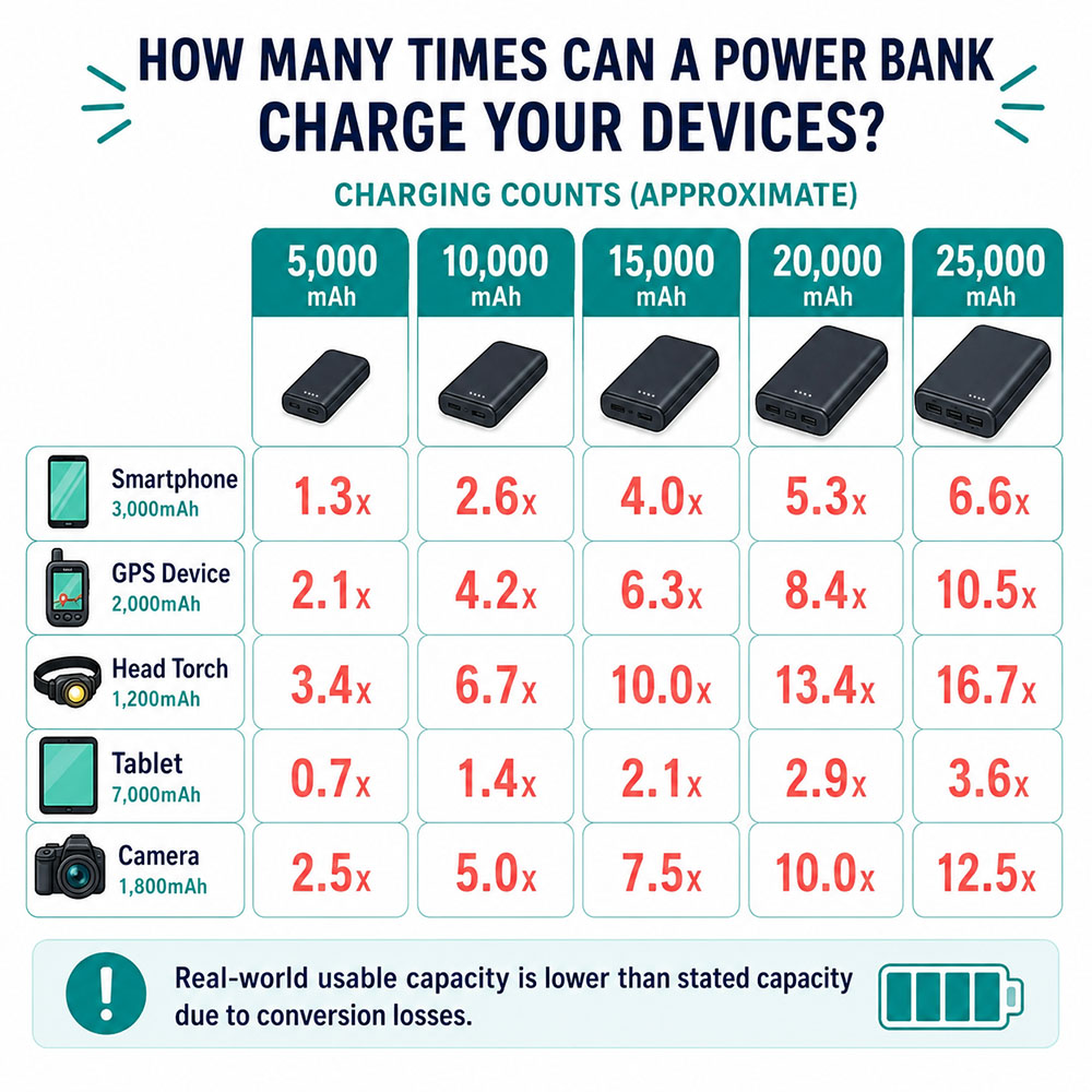 Infographic showing approximate charging counts for phones, GPS devices, head torches, tablets and cameras by power bank size.