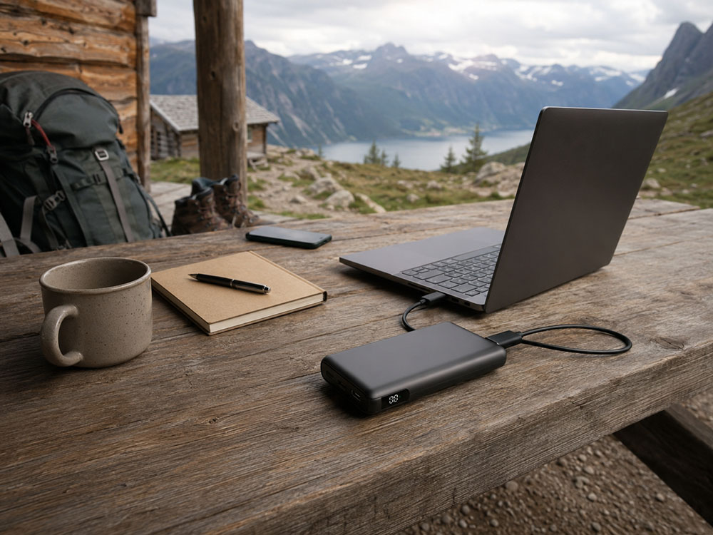 USB-C power bank charging a laptop on an outdoor picnic table near walking gear and mountain scenery.