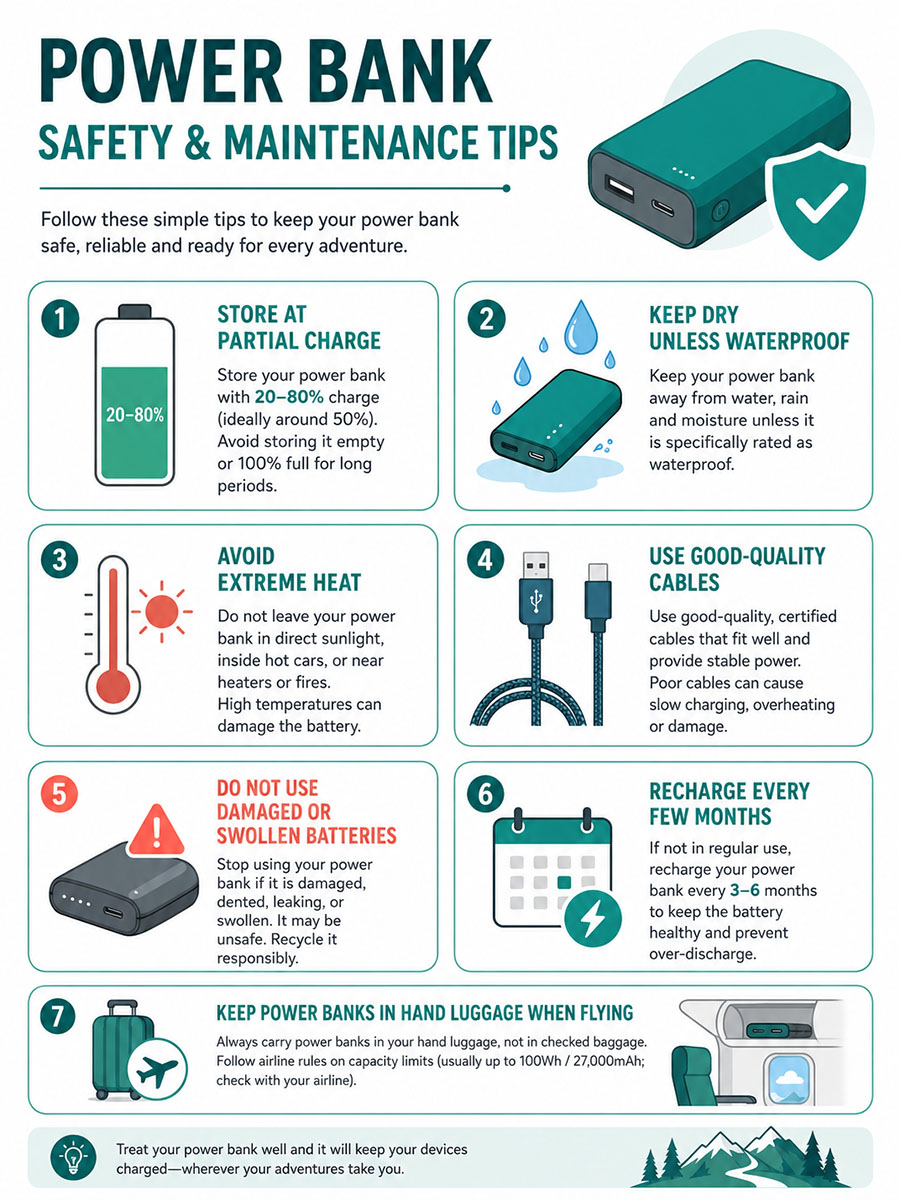 Infographic showing how to store, charge, maintain and travel safely with a power bank.