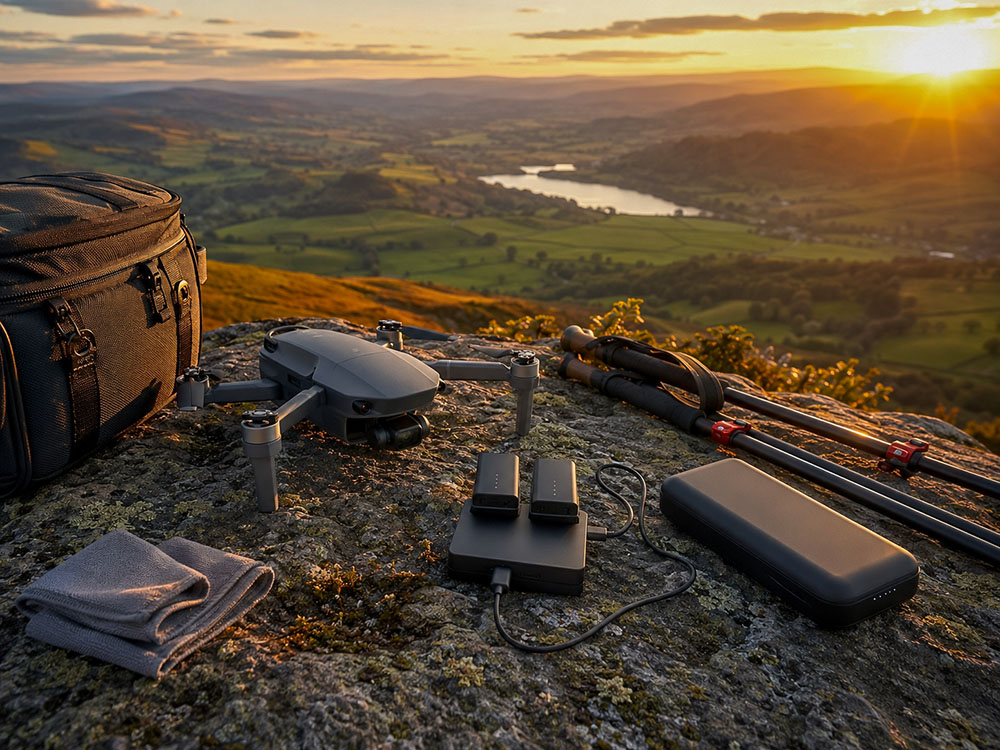 High-capacity USB-C power bank charging small drone batteries at a scenic hilltop viewpoint with camera gear and walking poles.