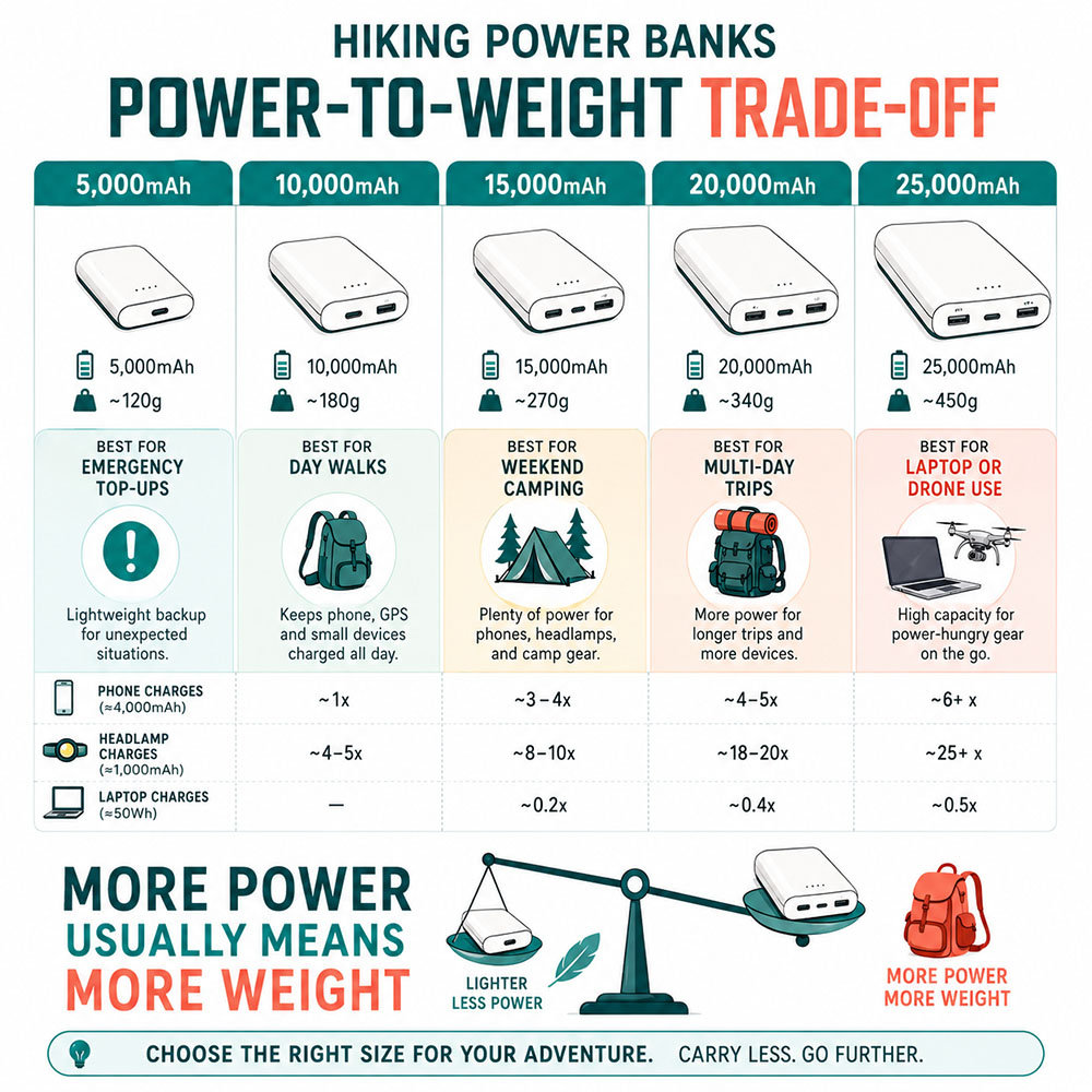 Infographic comparing power bank capacity, weight and best use for hiking, camping, laptops and drones.