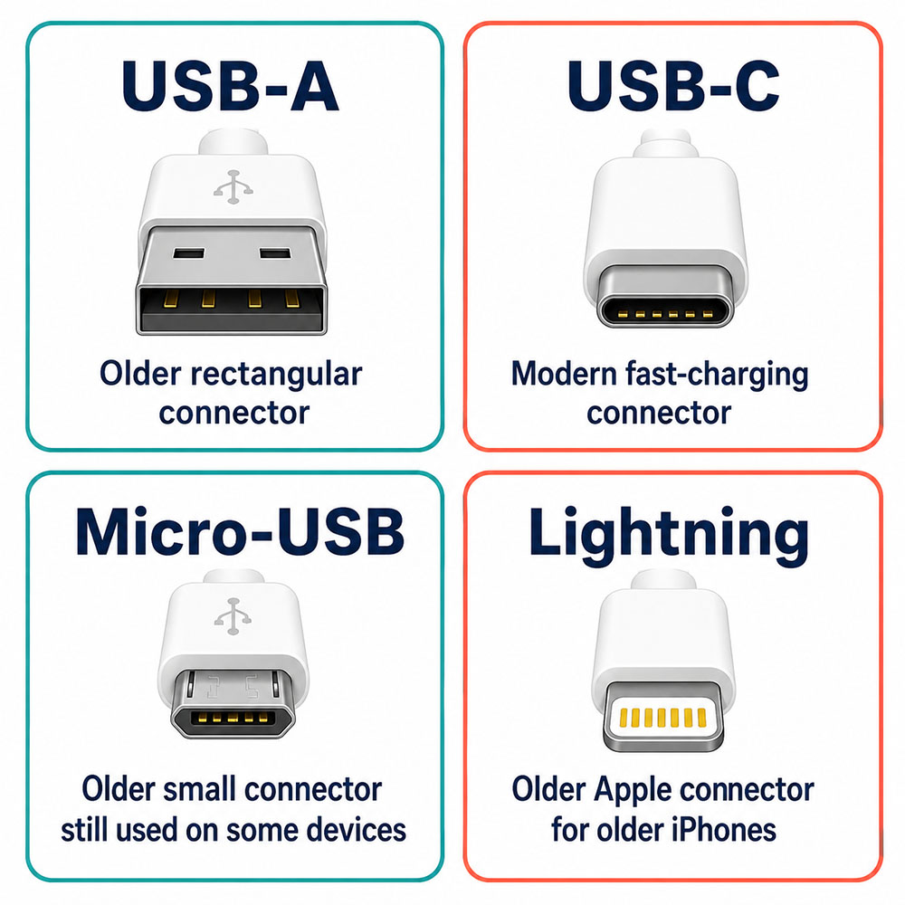 Infographic showing the differences between USB-A, USB-C, micro-USB and Lightning connectors for power banks and portable charging.