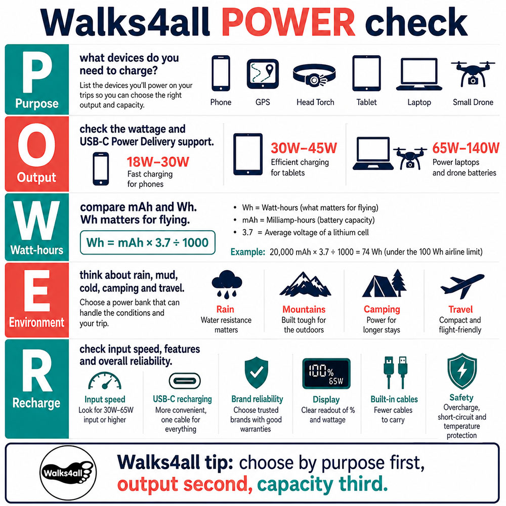 POWER Check infographic explaining Purpose, Output, Watt-hours, Environment and Recharge when buying a power bank.