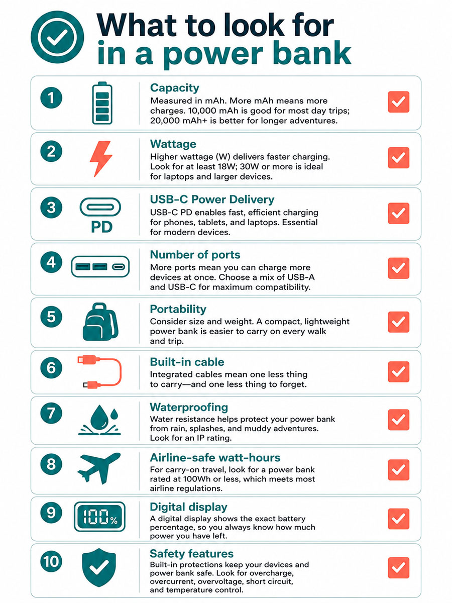 Checklist infographic showing key features to consider when buying a power bank, including capacity, wattage, ports, waterproofing and safety.