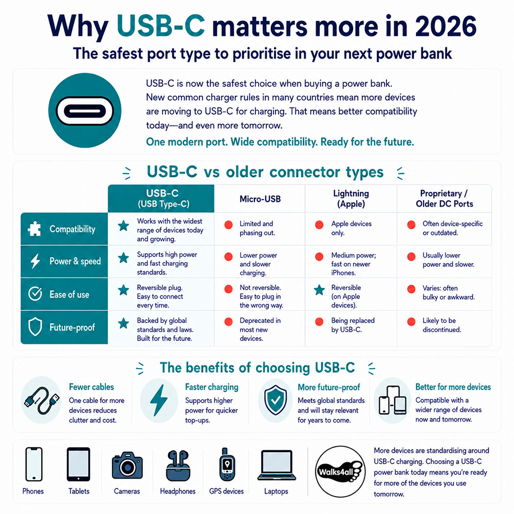 Infographic explaining why USB-C power banks are more compatible, faster and more future-proof than older connector types for phones, tablets, GPS devices and laptops.