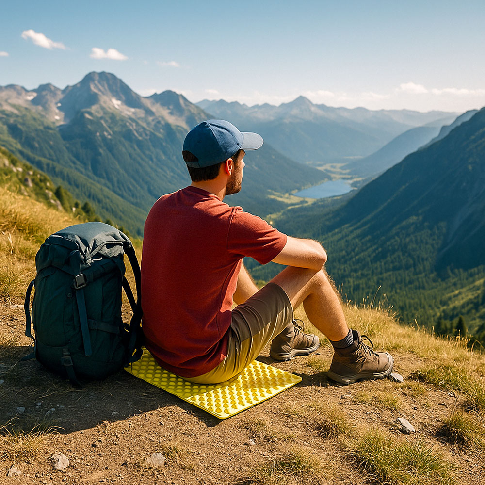 A hiker sat on a sit mat with his rucksack beside him, resting and admiring the view