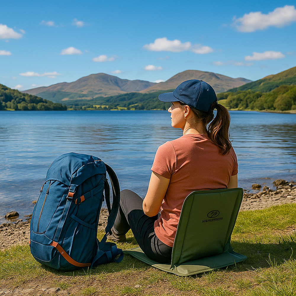 A hiker sat on a sit mat with a backrest at the side of a lake, with her rucksack beside her