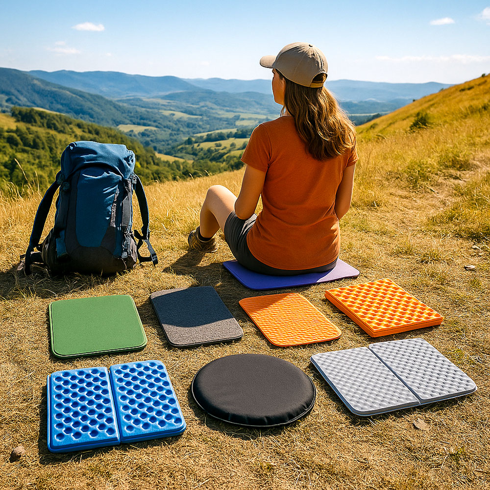 A hiker sat on a sit mat, with a selection of sit mats around her