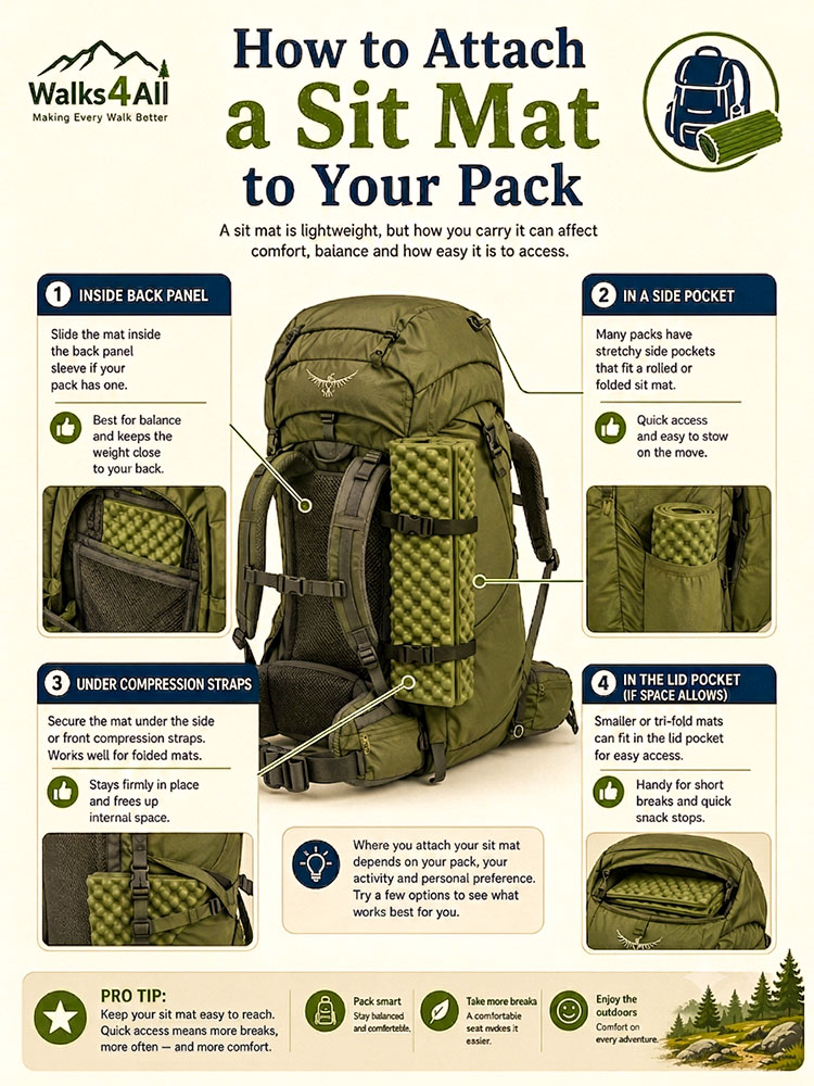 Infographic showing ways to attach or carry a sit mat on a rucksack, including side pocket, compression straps, back panel and lid pocket.