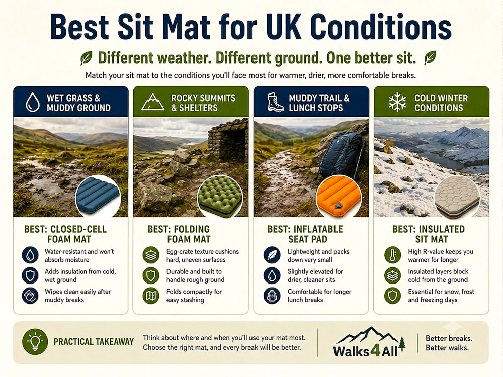 Infographic showing which sit mat type suits wet grass, rocky summits, muddy lunch stops and cold winter ground in UK walking conditions.