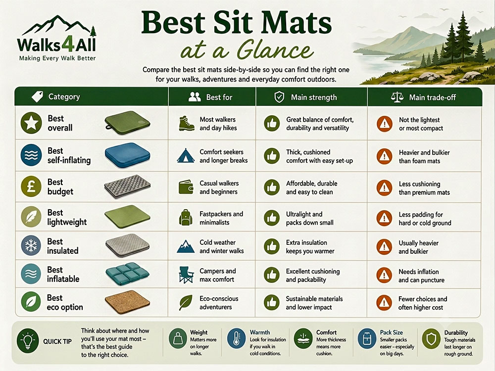 Infographic comparing the best sit mats by category, use case, main strength and trade-off for UK walking, hiking and camping.