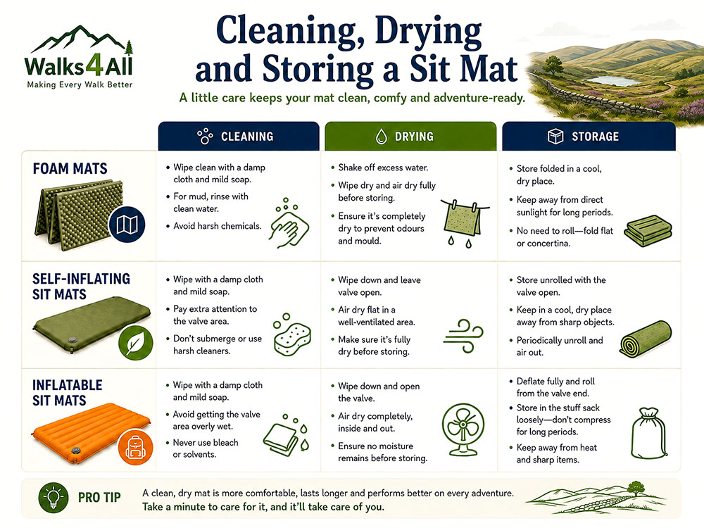 Infographic explaining how to clean, dry and store foam, self-inflating and inflatable sit mats after walking, hiking or camping trips.