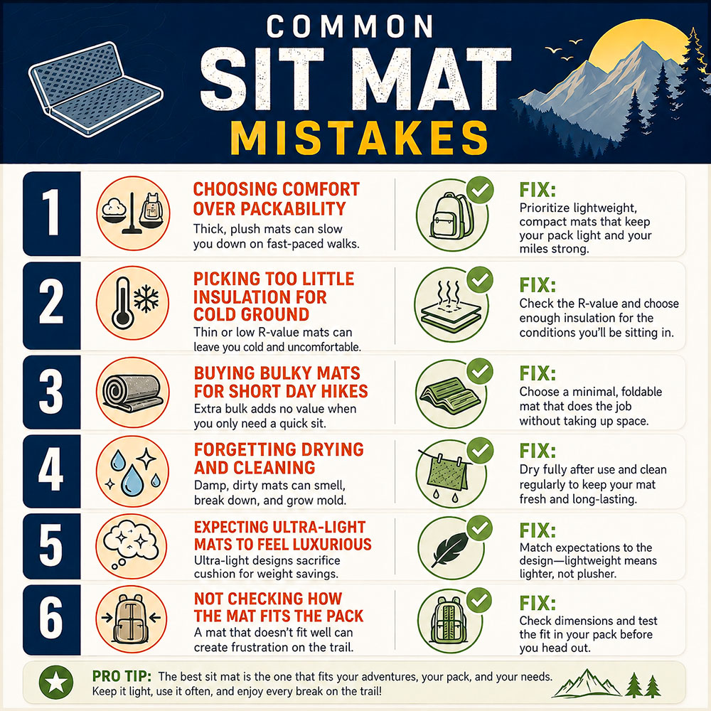 Infographic listing common sit mat mistakes and fixes, including choosing too much bulk, too little insulation and poor drying or cleaning habits.