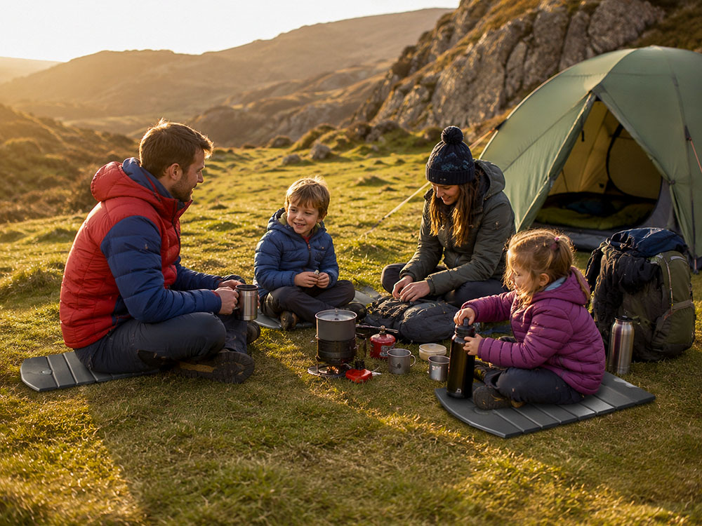 Family using sit mats around a UK campsite for sitting, sorting kit and staying comfortable on grass during a relaxed outdoor break.