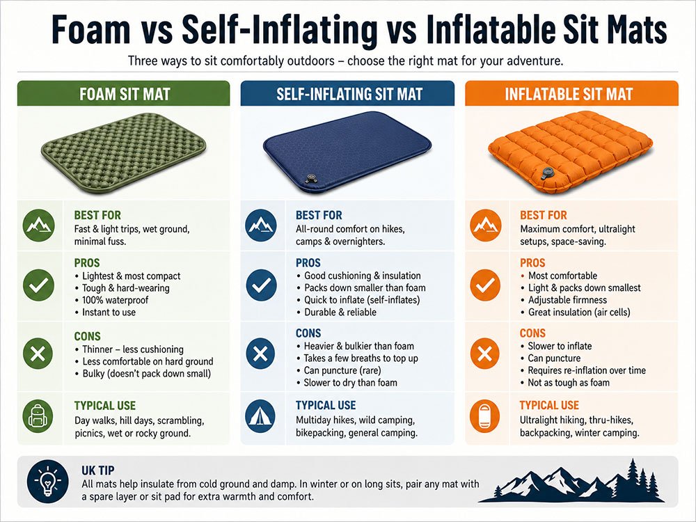 Infographic comparing foam, self-inflating and inflatable sit mats, including best uses, pros, cons and typical walking or camping scenarios.