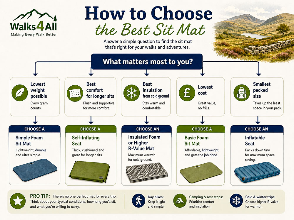 Flowchart infographic helping walkers choose a sit mat by lowest weight, best comfort, best insulation, lowest cost or smallest packed size.