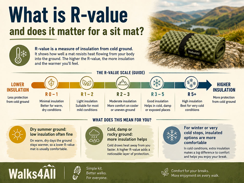 R-value sit mat infographic explaining ground insulation, warmth levels and when extra insulation matters on cold, damp or rocky ground.