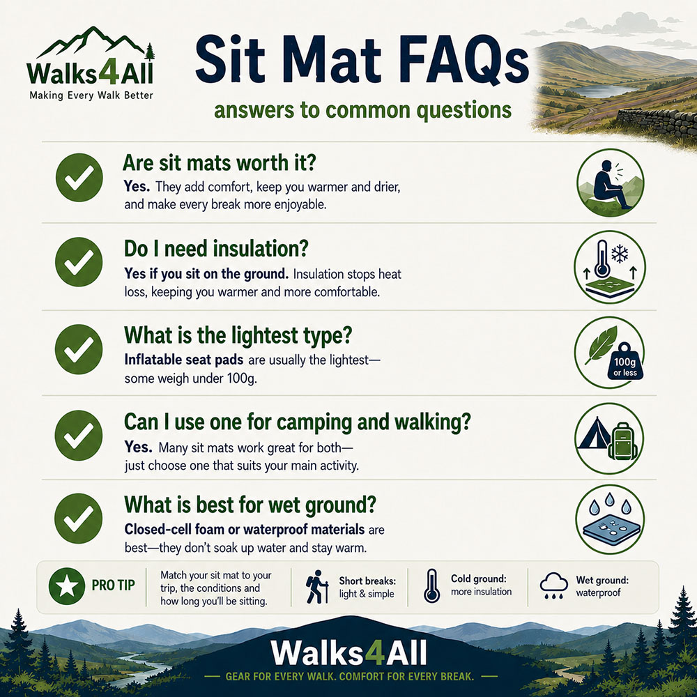 FAQ infographic answering common sit mat questions about value, insulation, lightweight options, camping use and wet ground performance.