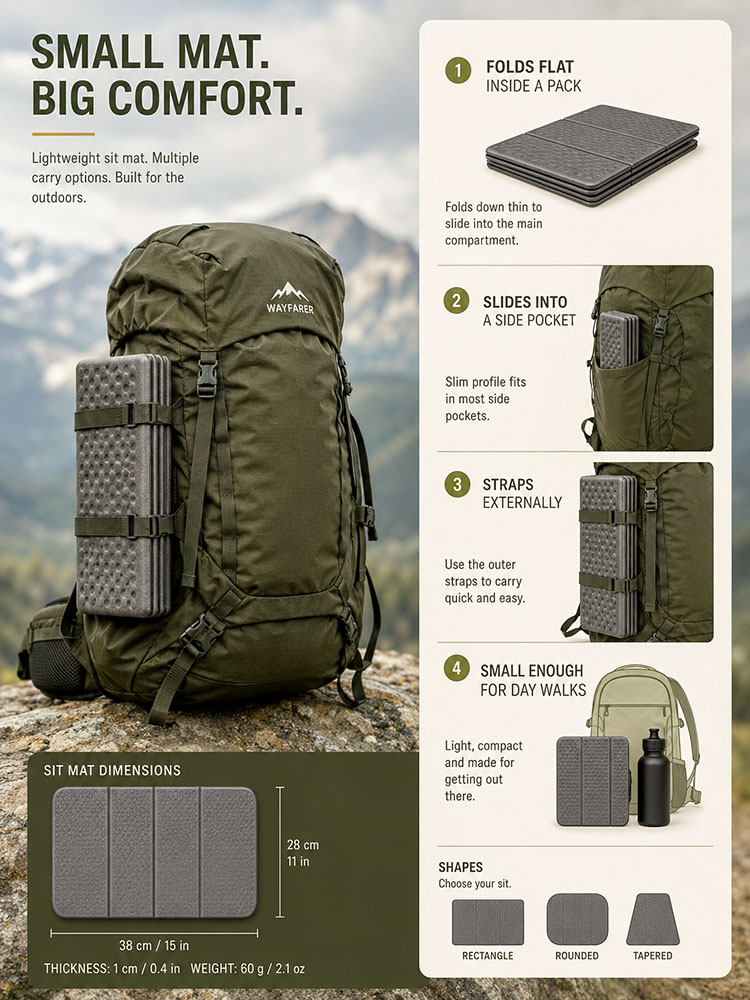 Hybrid image showing a sit mat carried inside a rucksack, in a side pocket and under compression straps for walking and hiking trips.