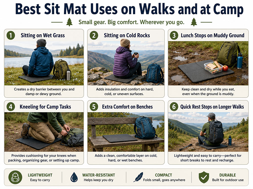Infographic showing sit mat uses including wet grass, cold rocks, muddy lunch stops, camp kneeling, benches and quick walking breaks.