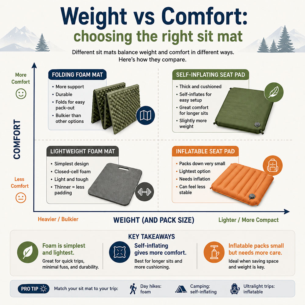 Infographic showing how folding foam, lightweight foam, self-inflating and inflatable sit mats compare for comfort, weight and packed size.