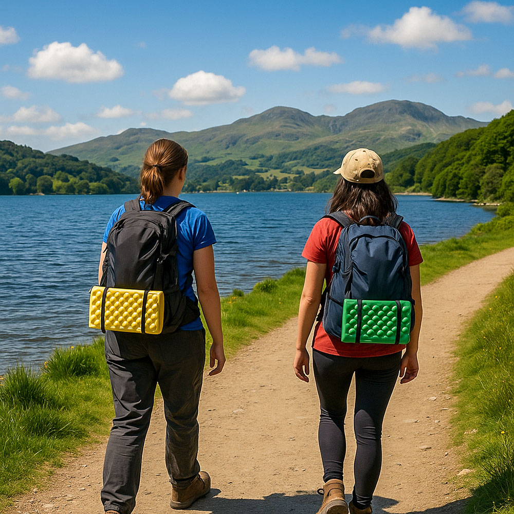 Two hikers walking side by side around a lake, with a sit mat tied to the back of each of their backpacks