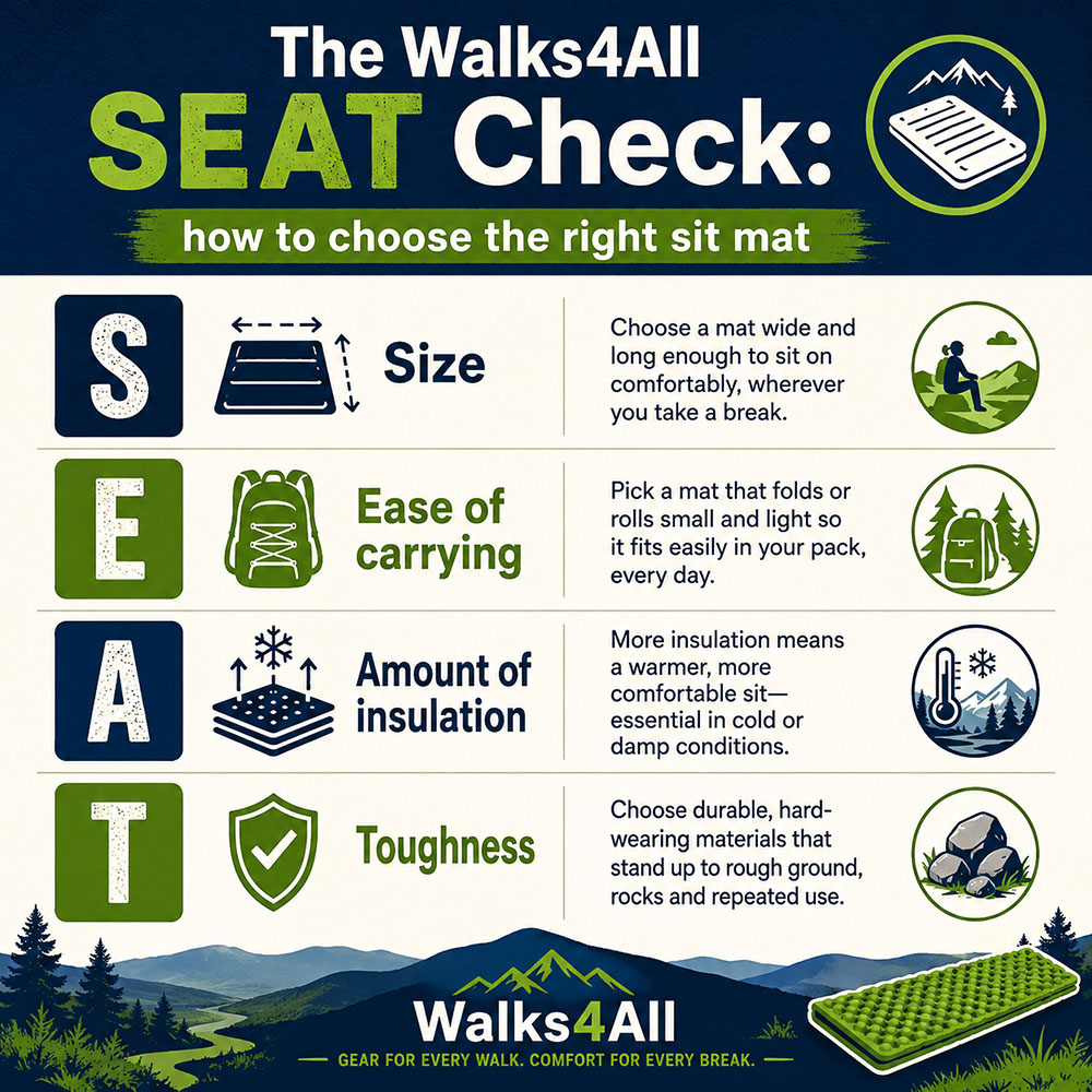 SEAT Check infographic explaining how to choose a sit mat by size, ease of carrying, insulation and toughness for UK outdoor use.