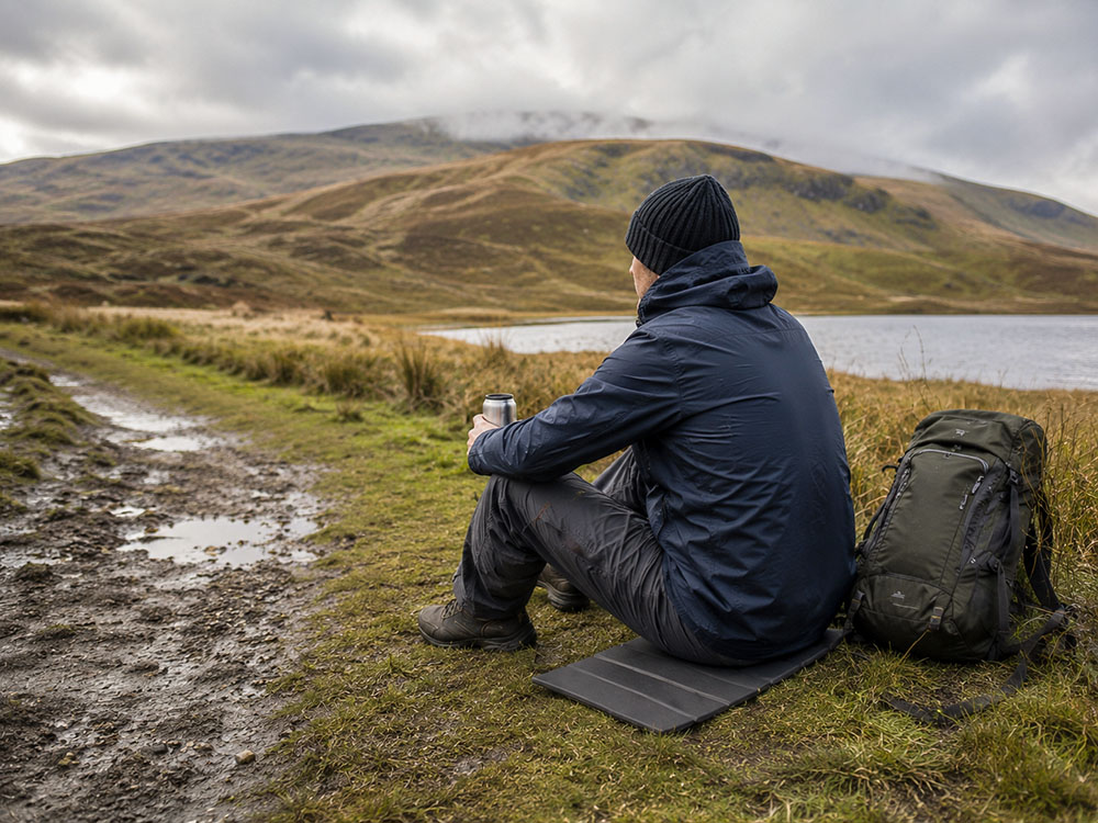 Walker resting on a sit mat beside a damp UK path after rain, showing how a sit mat keeps clothing away from wet grass and mud.