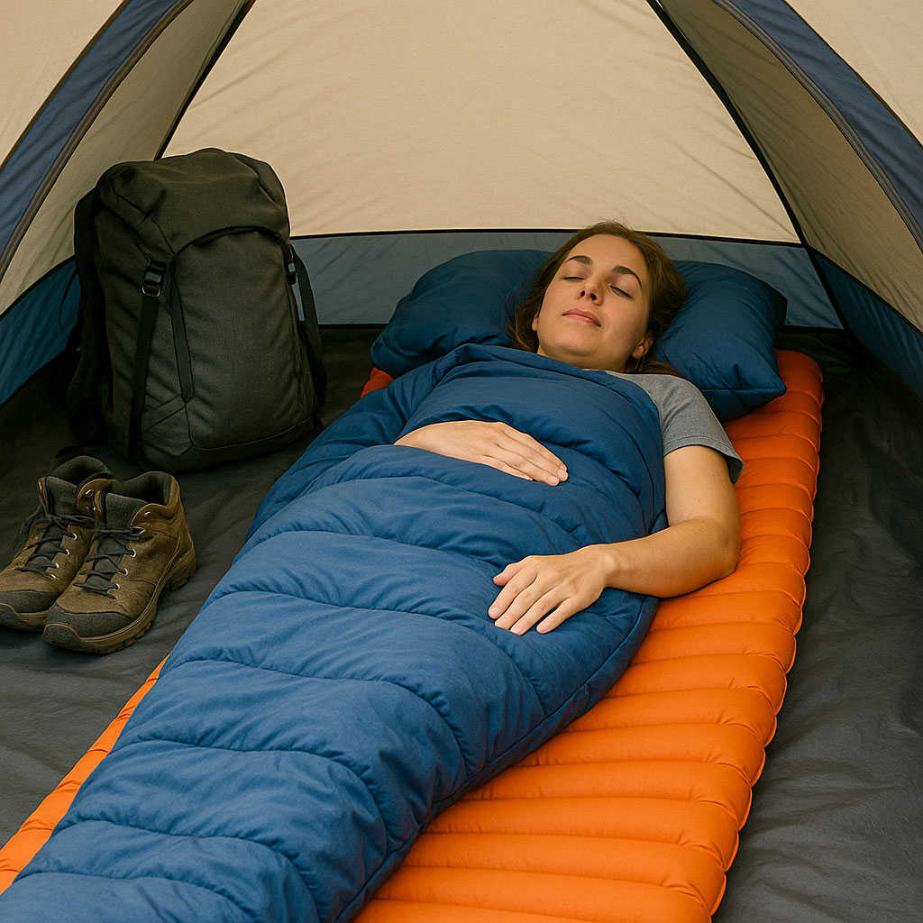 A lady alseep in her sleeping bag, which is laid on a sleeping pad inside a tent
