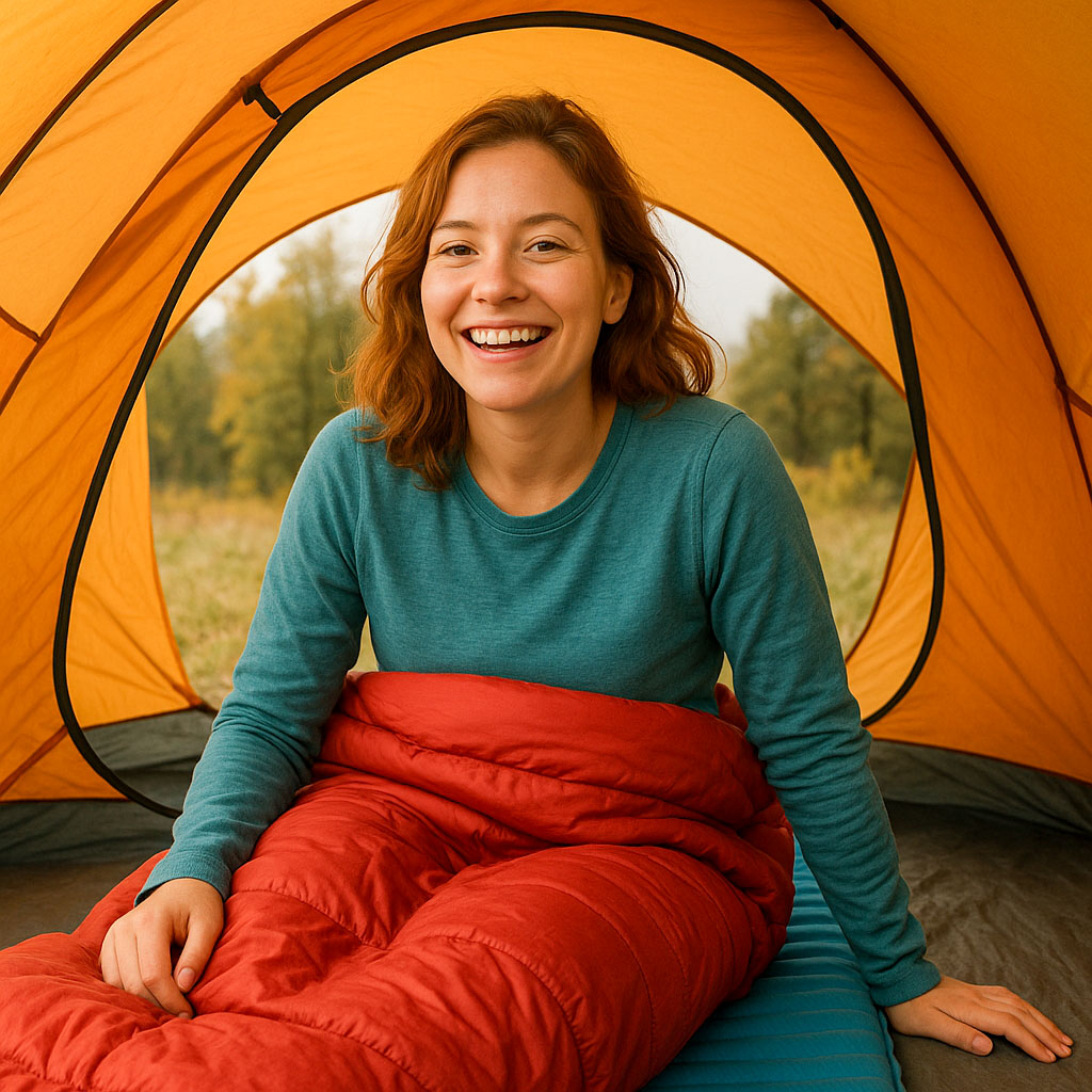 A lady waking up happy and smiling inside a tent in her sleeping bag, which is on top of a sleeping mat, feeling refreshed after a good night's sleep, ready for the next walk