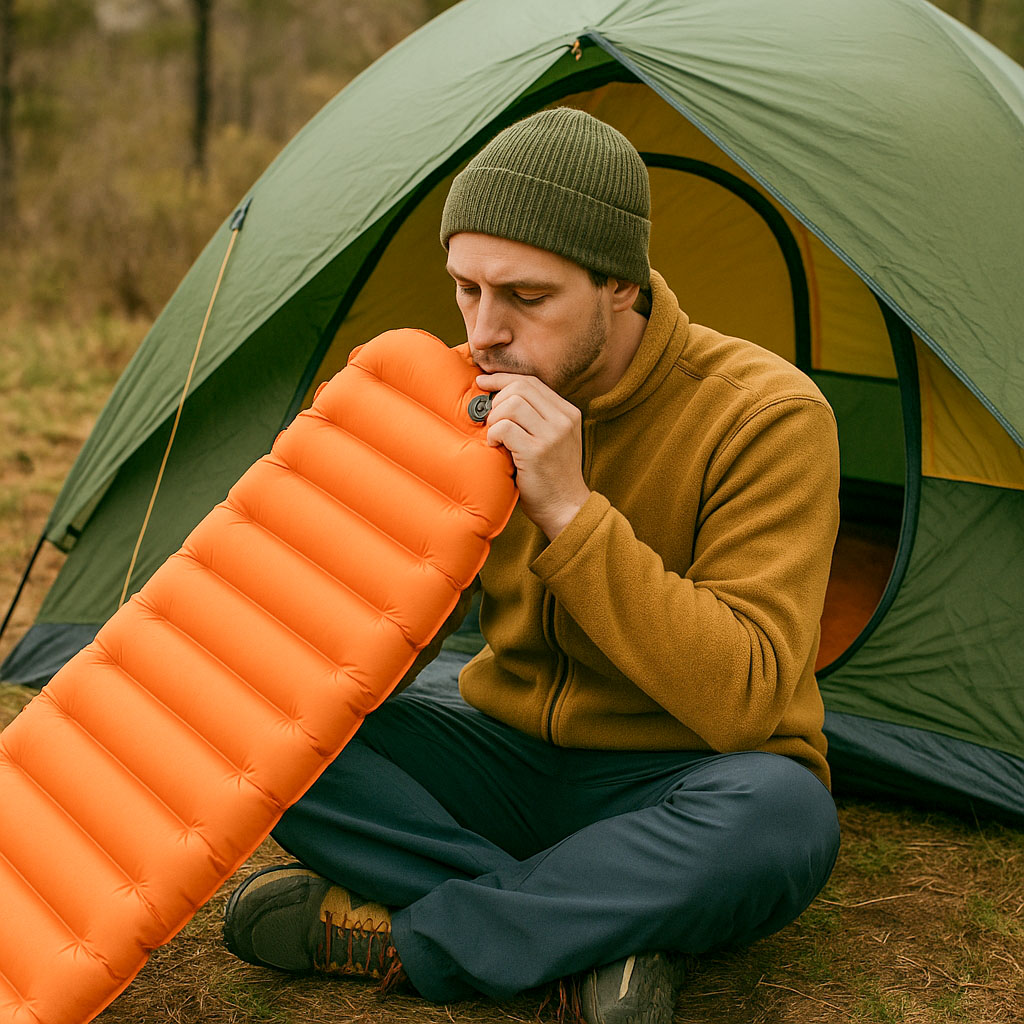 A man sat outside his tent, topping up his sleeping mat, by blowing into the valve