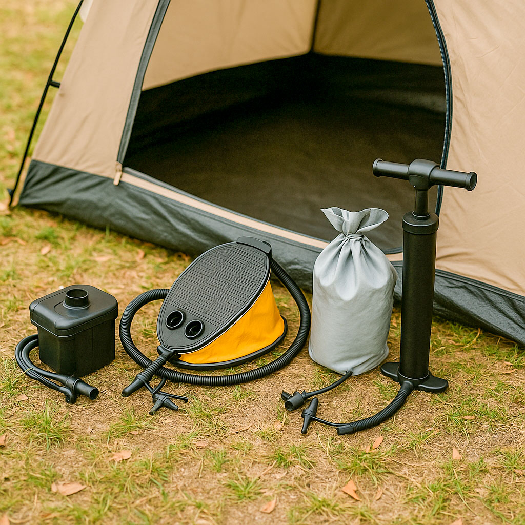 Various pumps for pumping up sleeping mats on the ground, outside a tent