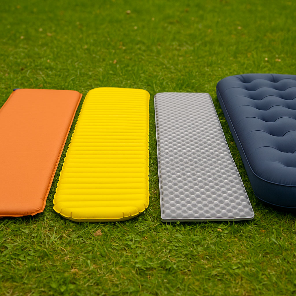 The four types of sleeping mat laid out next to each other on grass