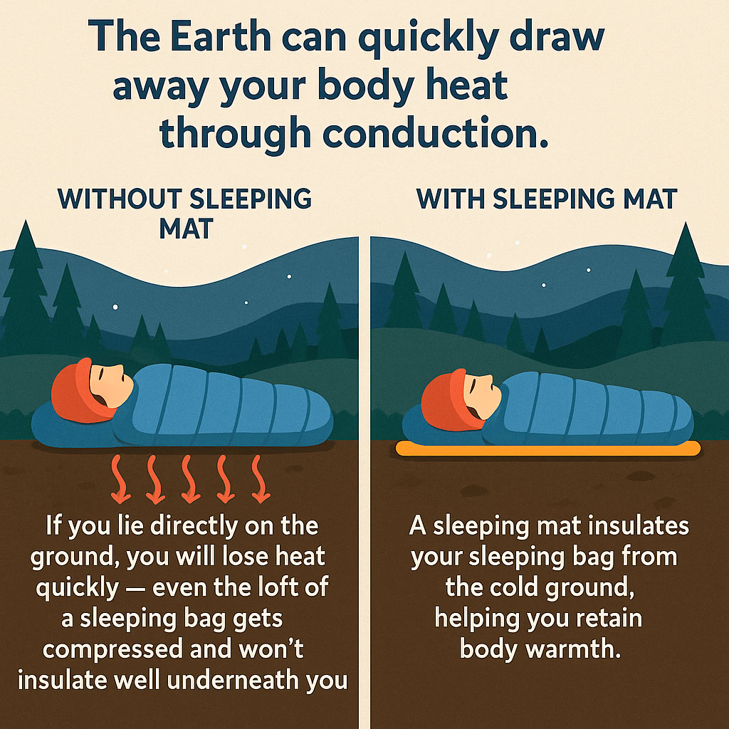 A person lying without a sleeping mat, and with a sleeping mat, to show how the earth can draw away heat from the body without a mat