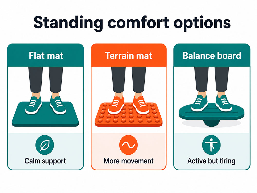 Infographic comparing flat anti-fatigue mat, terrain mat and balance board for standing desk comfort and movement.