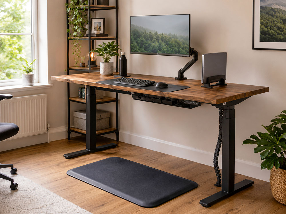 UK home office standing desk with monitor arm, anti-fatigue mat, cable tray, cable spine, vertical laptop stand and desk mat.
